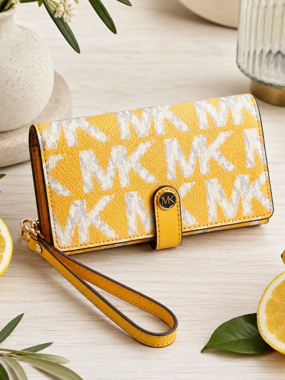 Michael Kors Yellow MK Monogram Wristlet Wallet Saffiano Leather NWT